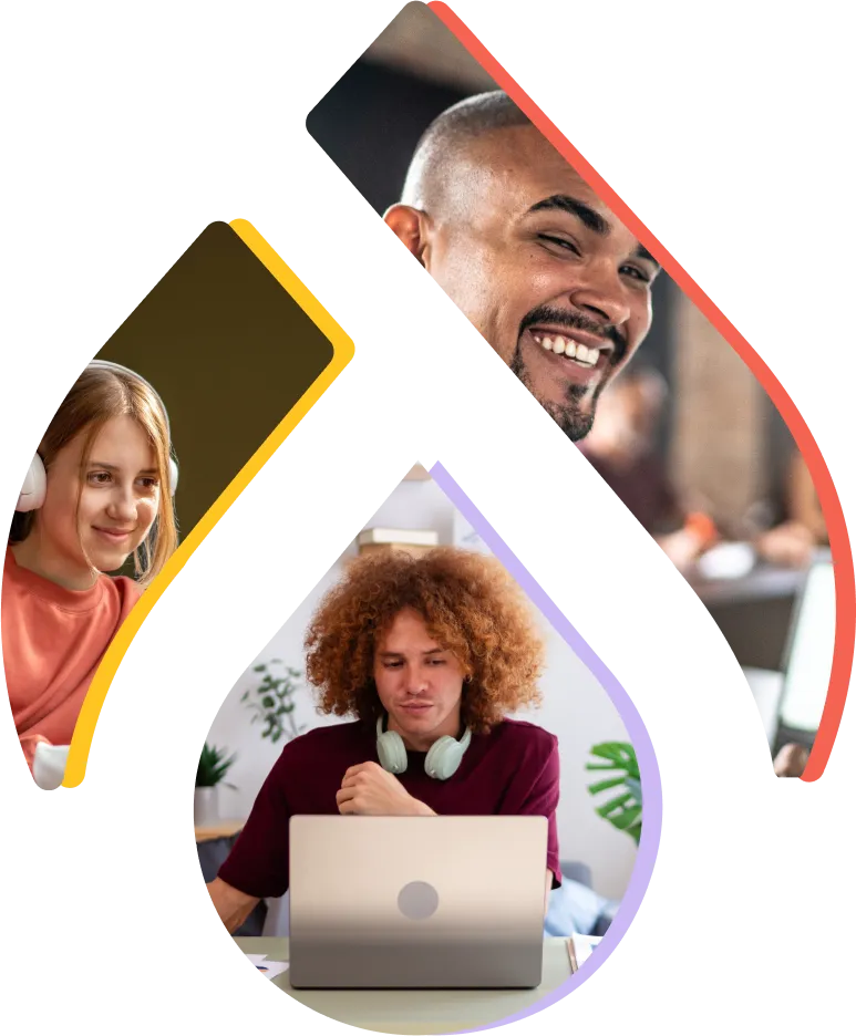 Drupal logo overlaid on photos of diverse Drupal users